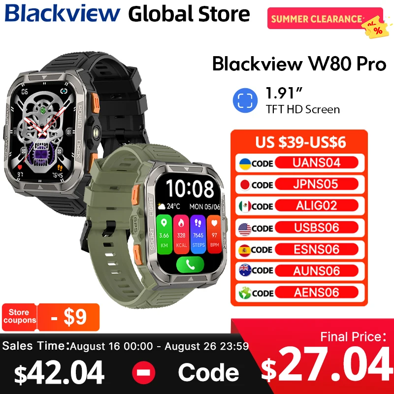 Blackview W80 PRO 스마트 워치 1.91'' 디스플레이 GPS 나침반 야외 견고한 시계 900mAh(LED 손전등 포함) 블루투스 통화