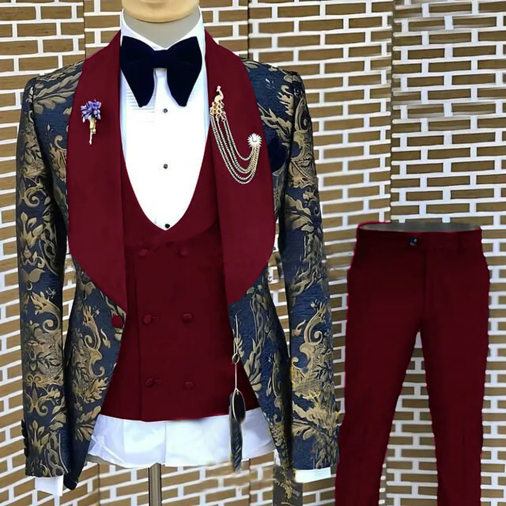 

Luxury Suits For Men Wedding Navy Blue Gold Floral Jacquard Blazer Sets Groom Suit 3 Pcs (Jacket+Pant+Vest) Customize