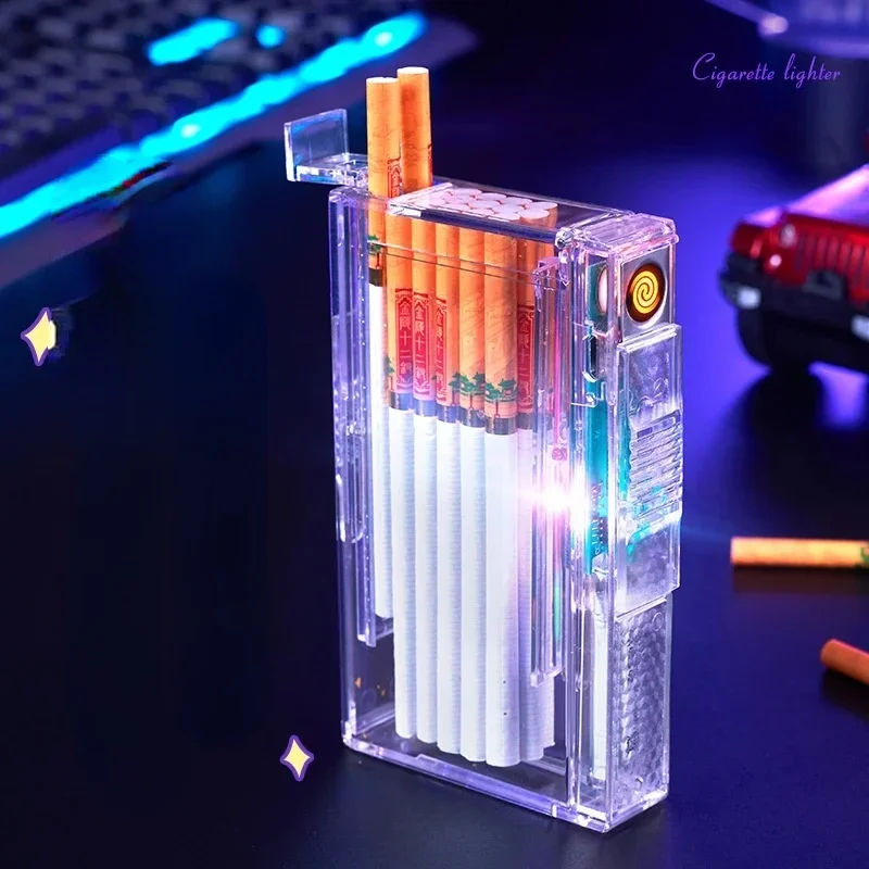 New Transparent Cigarette Case Tungsten Lighter Hand Push Charging Cigarette Lighter Automatic Ejection Cigarette Case Wholesale