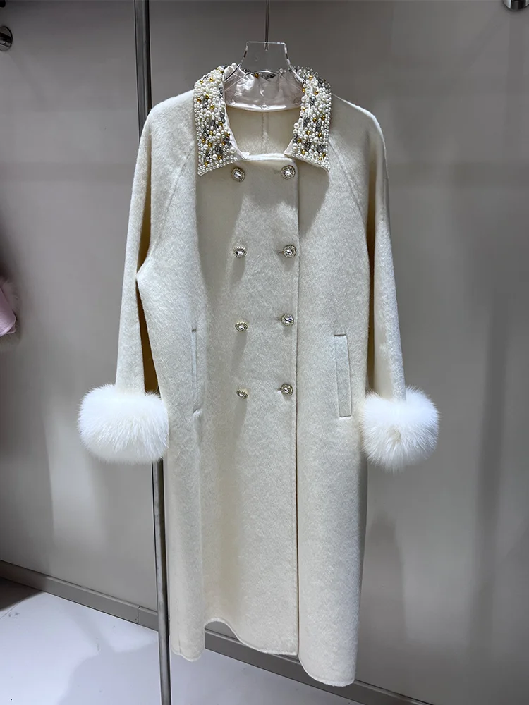 New Fashion Winter Women's Real Natural Fox Fur  Wool Coat Warm Jacket Fox Fur Cuffs Luxury Thick Female Coat