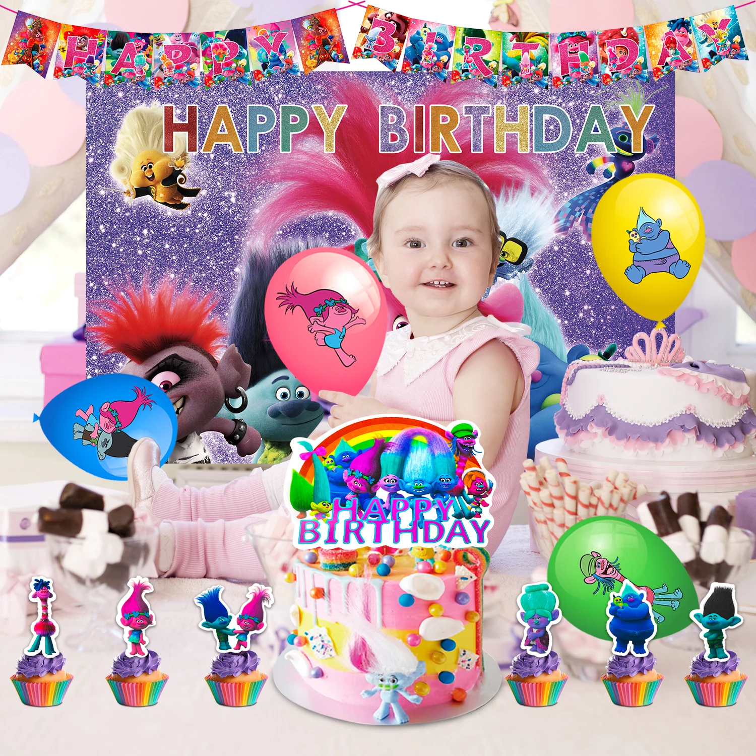 Trolls Birthday Party Decorations Supplies,112Pcs Band Together Party Supplies Include Trolls Cake Topper Balloons Banner Cups