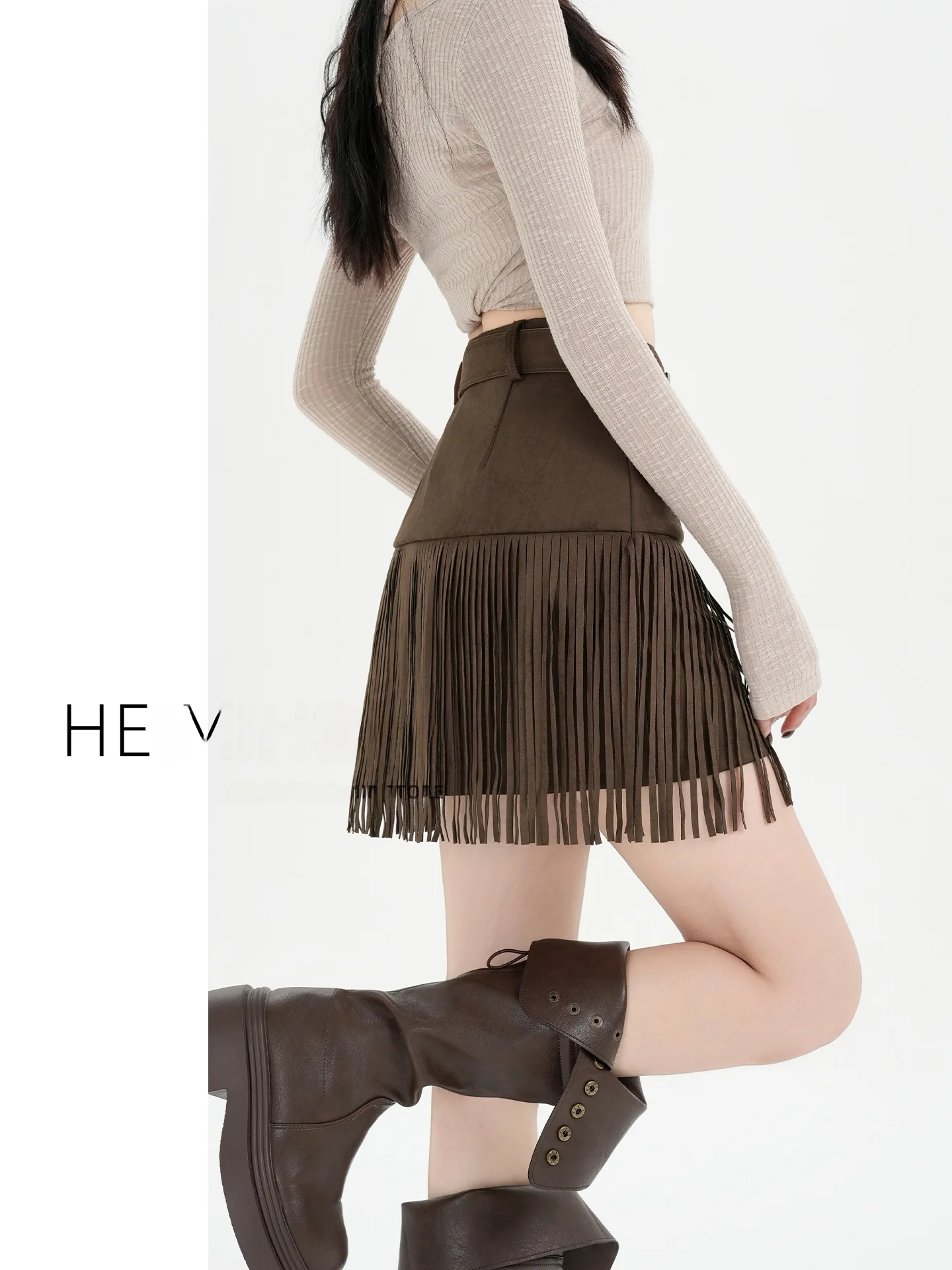 

Юбка трапециевидной формы с высокой талией для женщин, замшевая юбка с кисточками, весна-осень, винтажный дизайн, корейская юбка