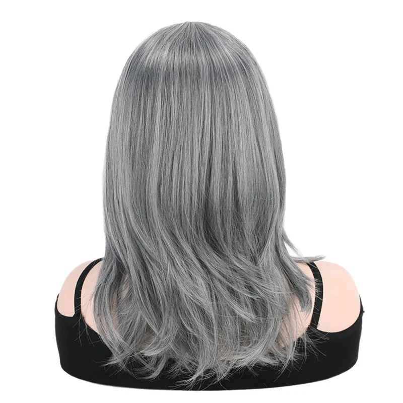 Women's wig with long bangs, gray-brown synthetic , high-temperature fiber, short straight style