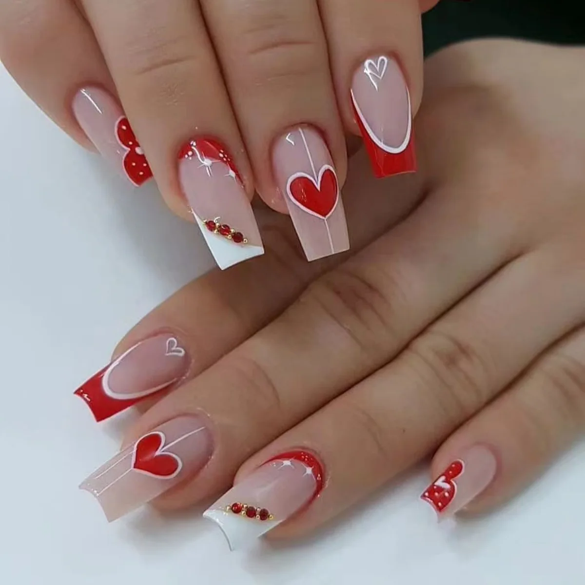 

24pcs Red French Press on Fake Nails Long Ballet Manicure Tips Rhinestones Glitter Design Square Valentine’s Day False Nails Set