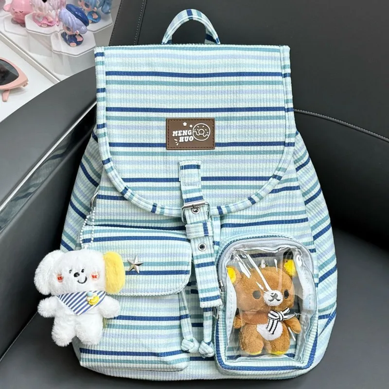 

Striped Drawstring Backpack Women's Female College Student Literature And Art Versatile Large Capacity Corduroy Campus Backpack