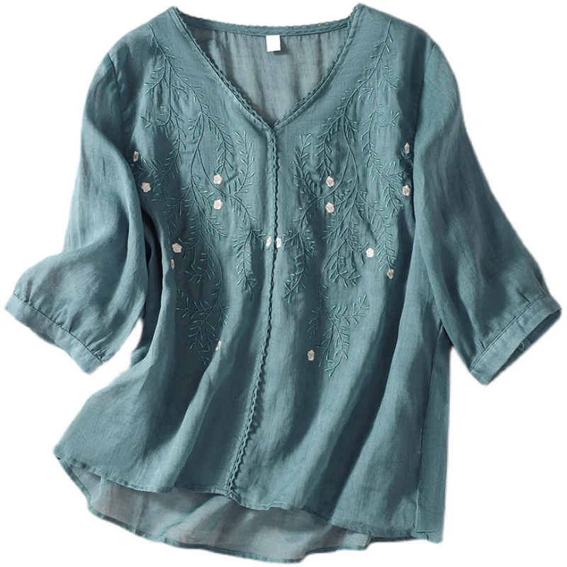 Dun geborduurd katoenen linnen T-shirt groot formaat dames plus maat kant patchwork vijf Sve V Ne onregelmatige linnen top
