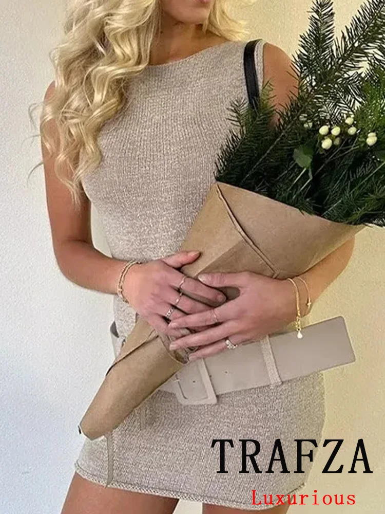 TRAFZA Vintage Casual Sexy Chic Women Dress Solid Sleeveless O-Neck Sashes Mini Dress New Fashion 2024 Autumn Female Dress