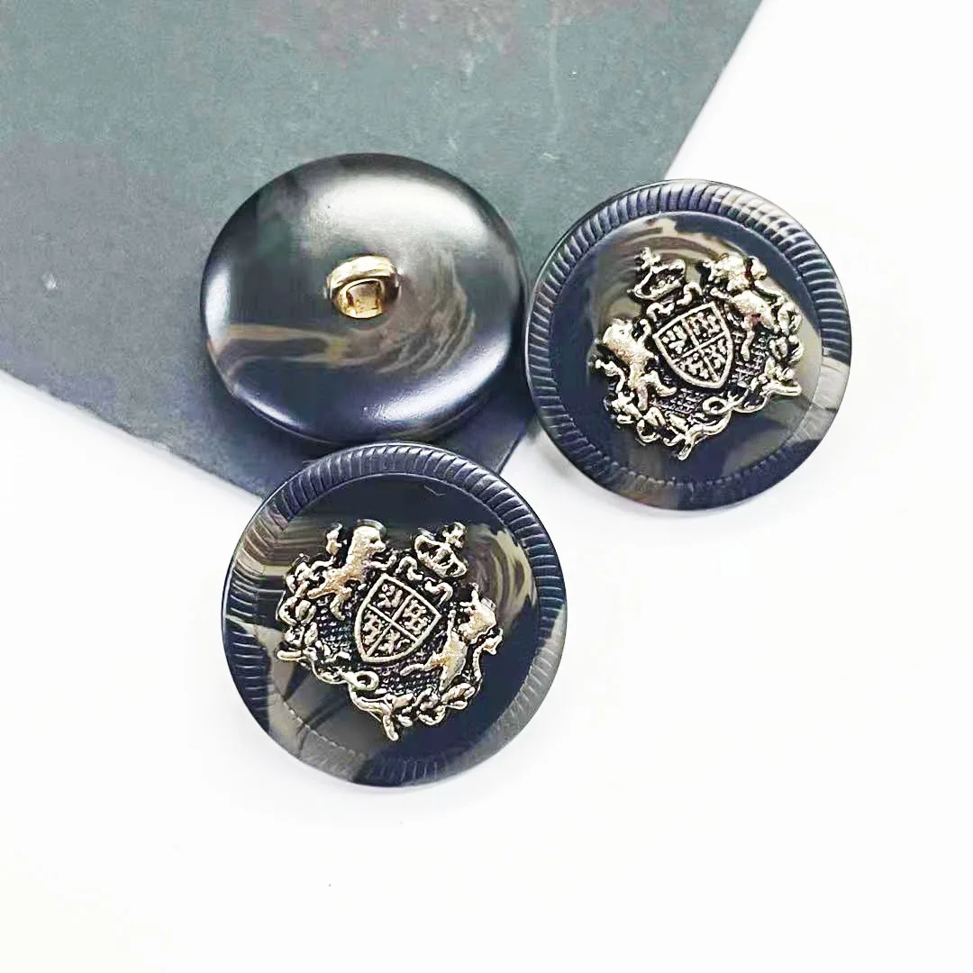 10PCS Round Resin Metal Duplex Buttons Double Lion Crown Buttons Coat Suit Placket Buttons Sweater Cardigan Decorative Buttons