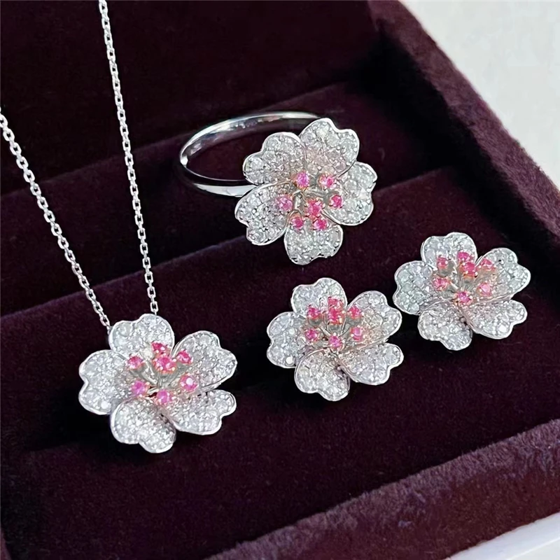 Elegant Temperament Flower Jewelry Sets for Women 925 Sterling Silver Cherry Blossom Noble Wedding Bridal Ring/Earring/Necklace