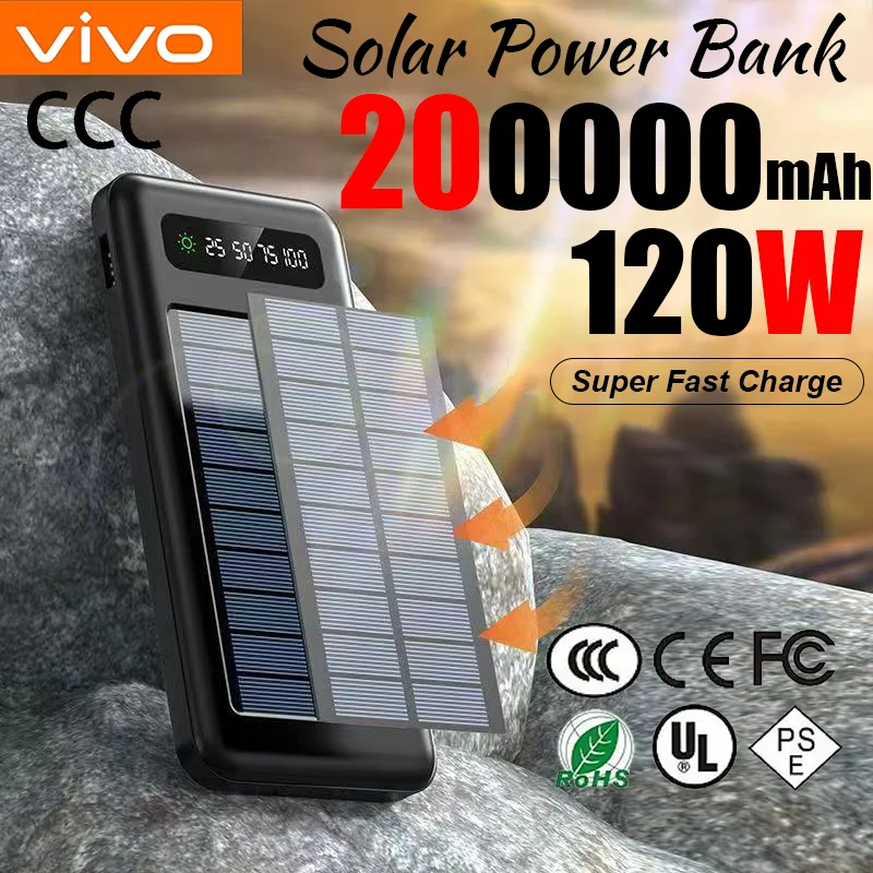 VIVO 200000mAh Solar Power Bank CCC Certification Large Capacity Mobile Power 3C Fast Charging Battery With Dual USB 4 Cables