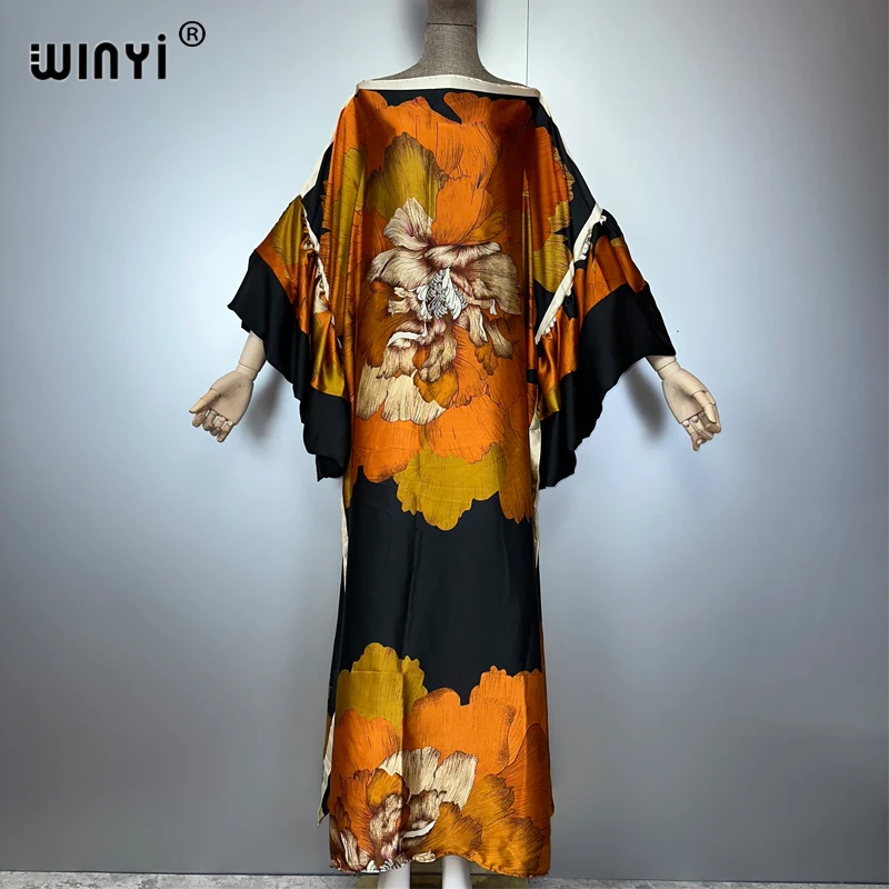 

WINYI summer puff(ed) sleeves evening dress abaya dubai luxury Female loose Print kaftan muslim woman clothing beach dress