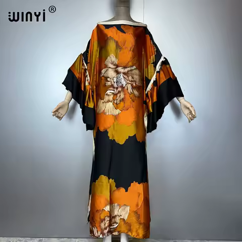 WINYI summer puff(ed) sleeves evening dress abaya dubai luxury Female loose Print kaftan muslim woman clothing beach dress