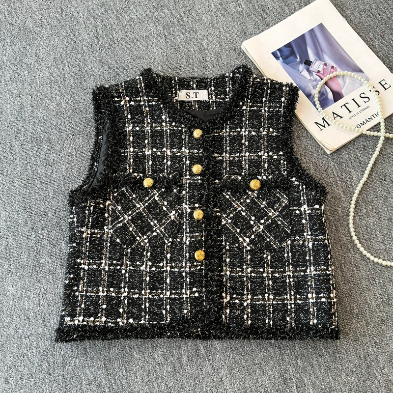 Women's Autumn Small Fragrant Style Vest Coat Luxury Round Neck Cardigan Elegant Temperament plaid Coarse Tweed Sleeveless Tops