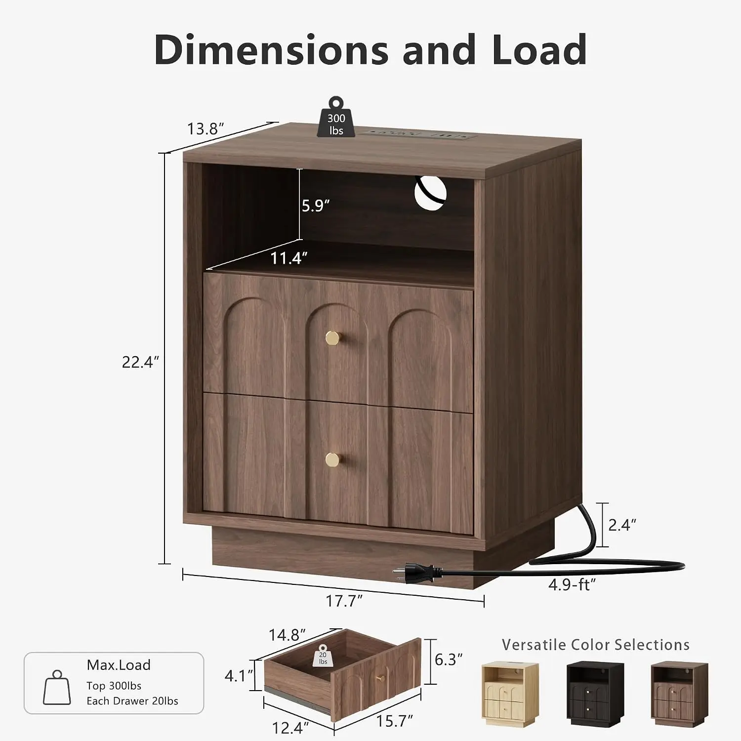 Nightstand with Charging Station, Mid Century Modern Nightstand with Arched Design, Minimalist End Table with Wood, Customized