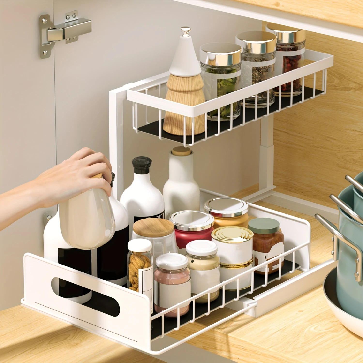 1pc Sink Organizer And  Rack, Upgraded And Heighten Spice Rack, Pull Out Cabinet Organizer, 2-Tier Slide Out Sink Shelf Cabinet