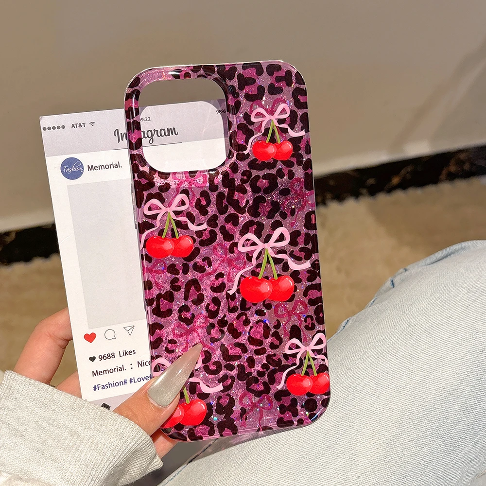 Casing Ponsel Motif Macan Tutul Mawar Merah dengan Glitter Ceri untuk IPhone 13 15 14 16 Pro Max, Pelindung Anti Benturan Modis Berkilau untuk Iphone 17 Pro