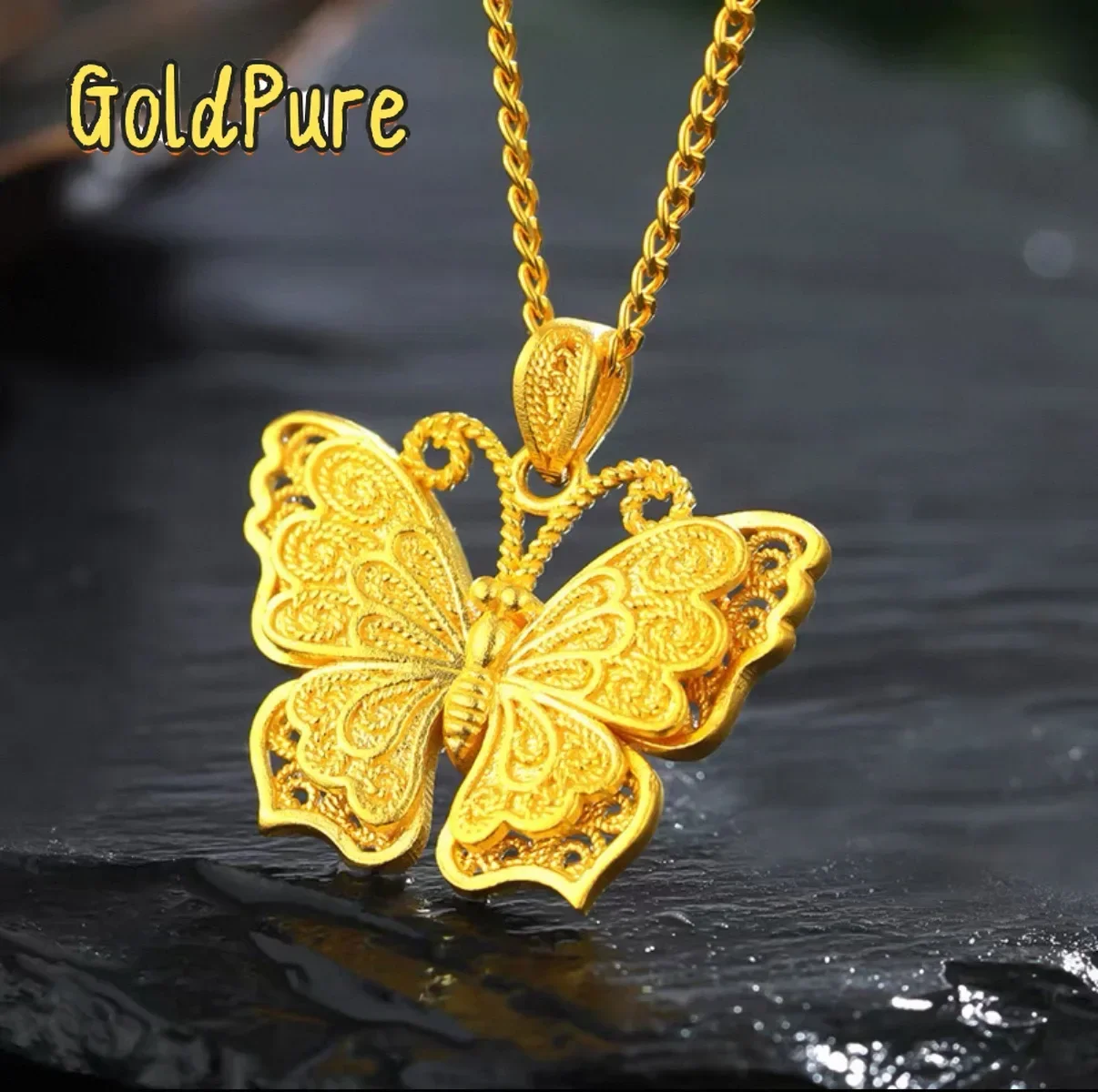 Goldpure Luxury 24K 9999 Pure Gold real gold Women's silk butterfly pendant clavicle chain