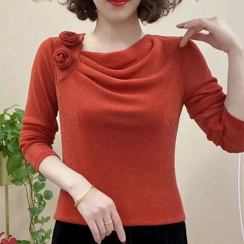 

New Fashion Tie Flowers Solid Pill Collar Long Sleeve Pullover Ruched Bright Silk Loose T-shirts Bottom Tops Women's Spring 2025