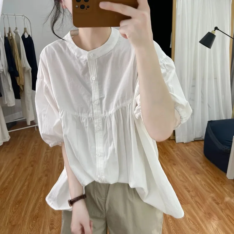 

Женская повседневная свободная хлопковая блузка с воротником-стойкой, рукавами-фонариками, на пуговицах, плиссированная, струящаяся, летняя