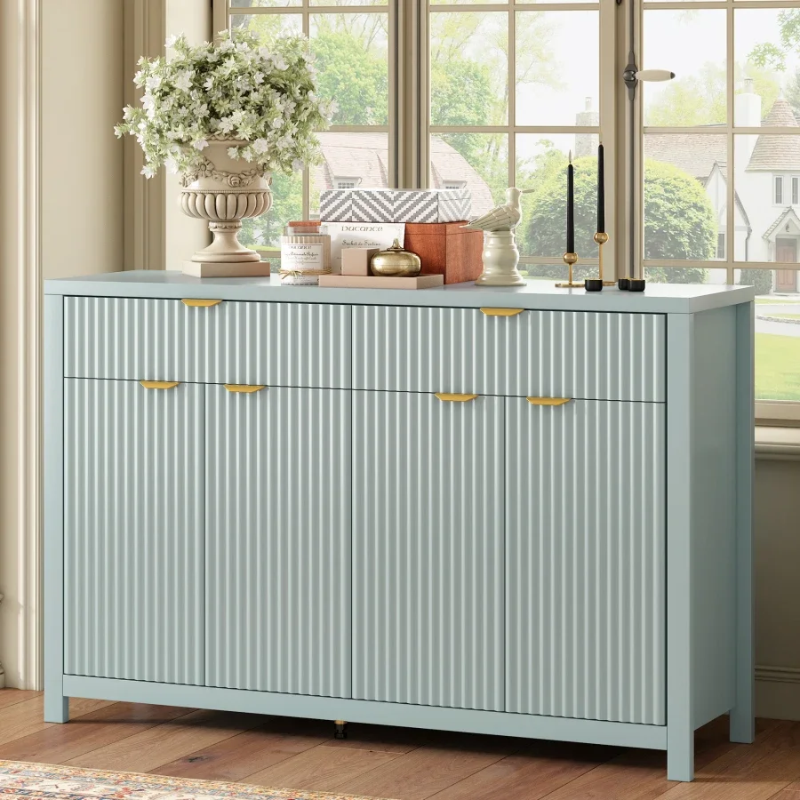 U_STYLE Modern 55.1'' Sideboard Buffet Cabinet with 2 Drawers and 4 Doors, Adjustable Shelves, Wave-Pattern Design, Aluminum Ha
