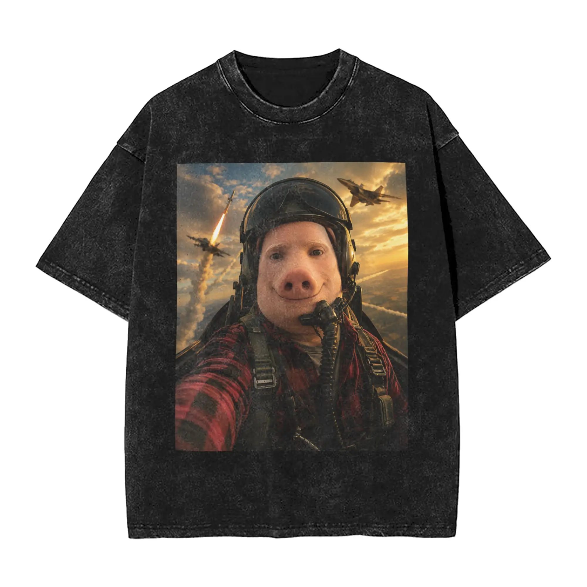 John Pork Fighter Pilot Selfie Funny Memes Dank Art Brainrot T-Shirt Men Vintage Cotton T-Shirts Summer O Neck Fashion Tee Shirt