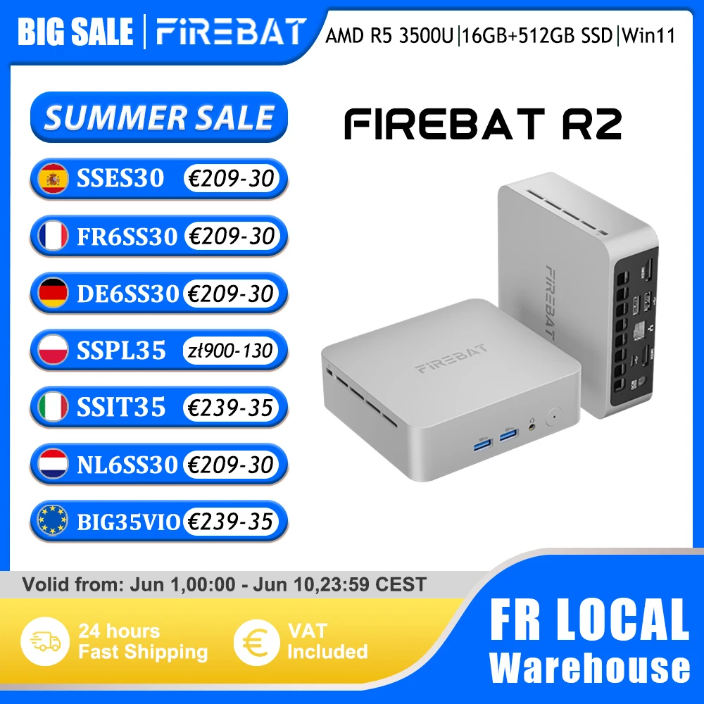 Mini PC FIREBAT R2 AMD Ryzen 5 3500U DDR4 16 Go de RAM 512 Go SSD Windows 11 PC double écran 4K ordinateur de bureau compact