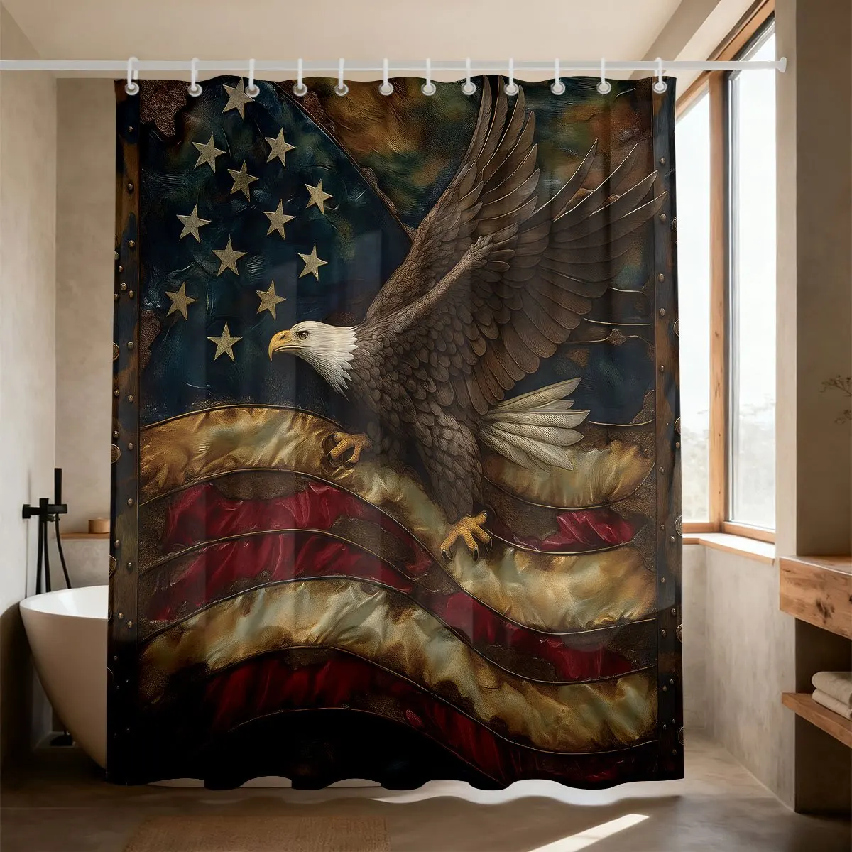 Retro Patriotic Bald Eagle Shower Curtain Polyester Digital Printing Majestic Spread‑wing Bald Eagle On Distressed Vintage