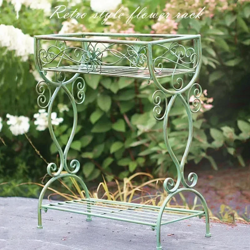 Outdoor Iron Plant Stand, Double-Layer Floor Shelf Decoration, Stable Load-Bearing Flower Holders, Garden Balcony