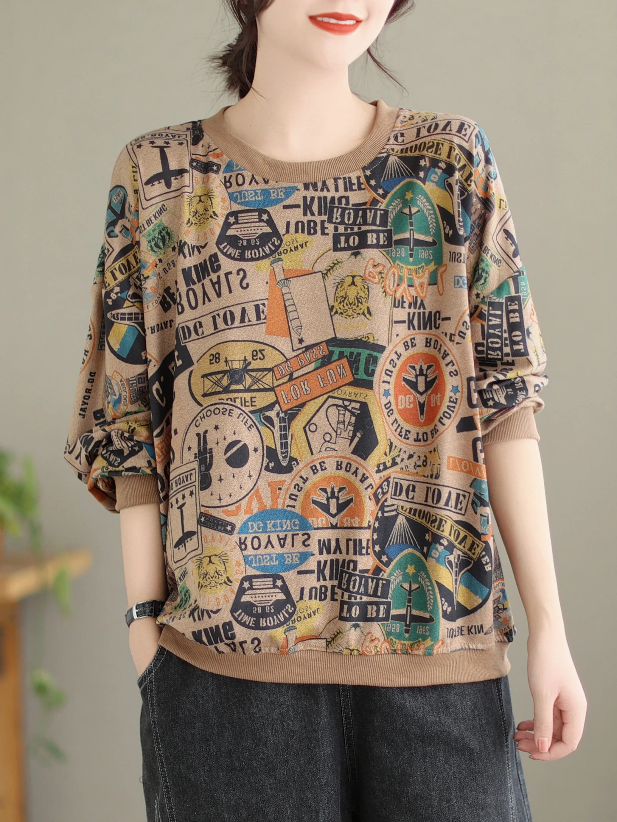 

Loose Large Size Casual Printed Long Sve T-irt Women's Ethnic Sle Overhead Versatile Top Spring Season Regular Fit