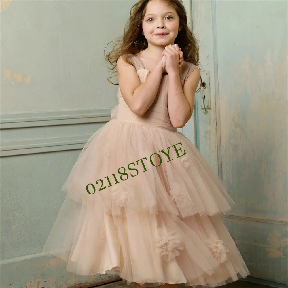 Hot Sale Wedding Flower Girl's Dresses Sleeveless Ruched Applique A-Line Tulle Tea-Length Champagne Pageant Party Gowns