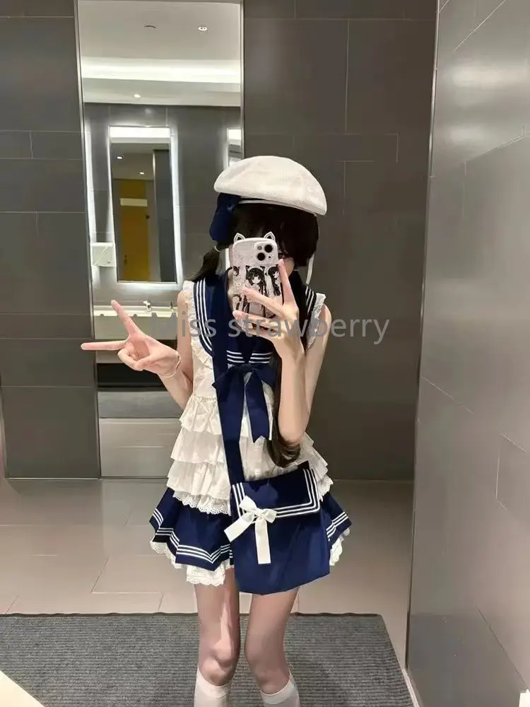 Preppy สไตล์ใหม่แฟชั่นหลวม 2 ชิ้นชุดผู้หญิงฤดูร้อน 2025 แขนกุด Ruffle ชุดกะลาสีหญิงลูกไม้เอวสูงกระโปรงสั้น