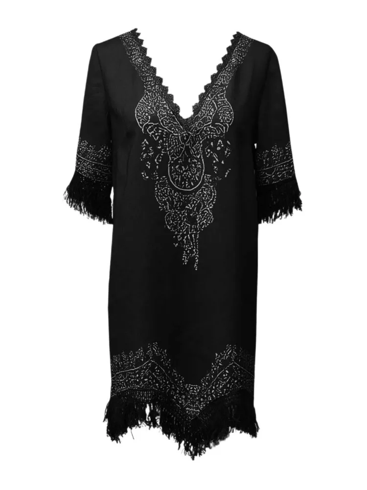 Retro Elegant Mini Dress Woman's Fashion V-neck Short Sleeves Tassel Design Dresses Ladies Summer Foreign Style Loose Vestidos