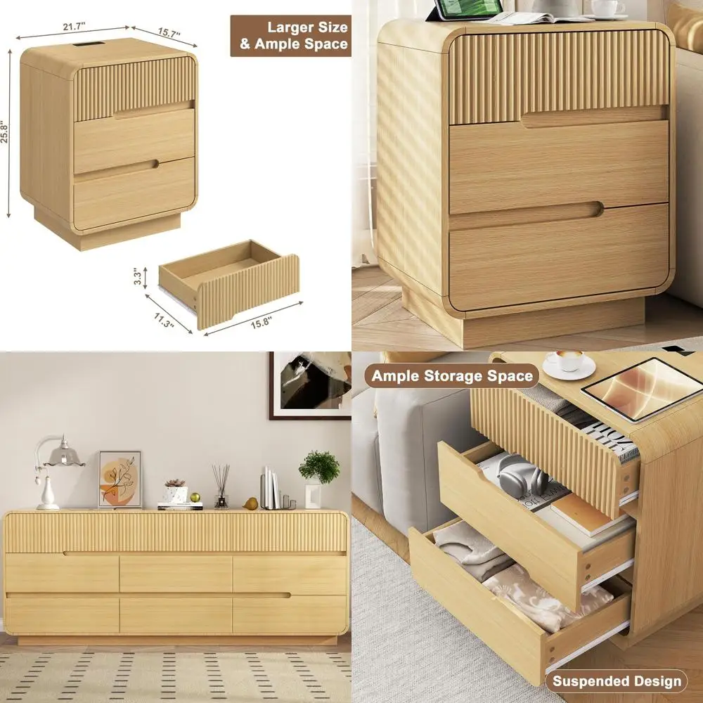 

57.9 Modern 3-Piece Bedroom Set with Nightstand Charging Station, Natural Wooden Furniture