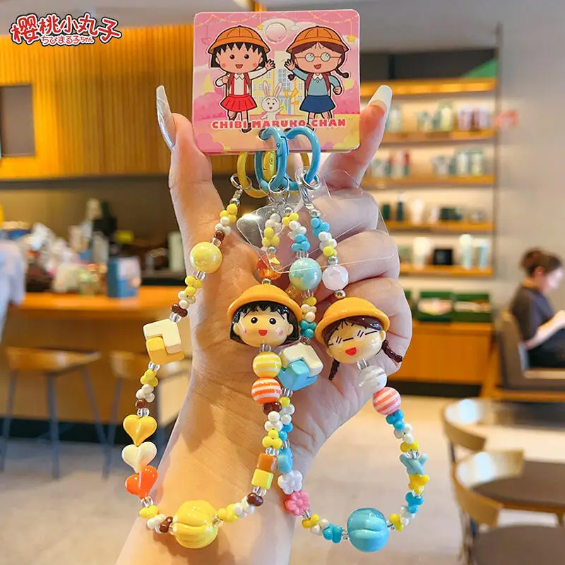 

New Chibi Maruko-Chan Cartoon Phone Chain Creative Anime Peripheral Keychain Beaded Backpack Pendant A Birthday Gift for Girls