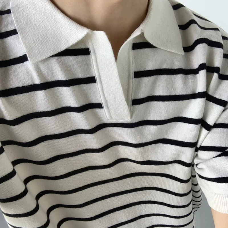 

Korean-Style Lapel Polo Shirt, Men's Striped Knitted T-Shirt, High-End Business Casual Niche T-Shirt, Short-Sleeved Simple And F