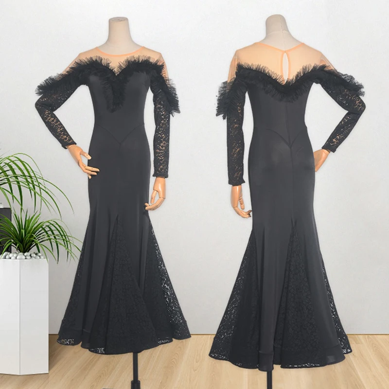 

Ballroom Dance Dress Women's National Standard Dance Long sleeved Lace Wave Waltz Practice Social Dance Big Swing Skirt VBH244