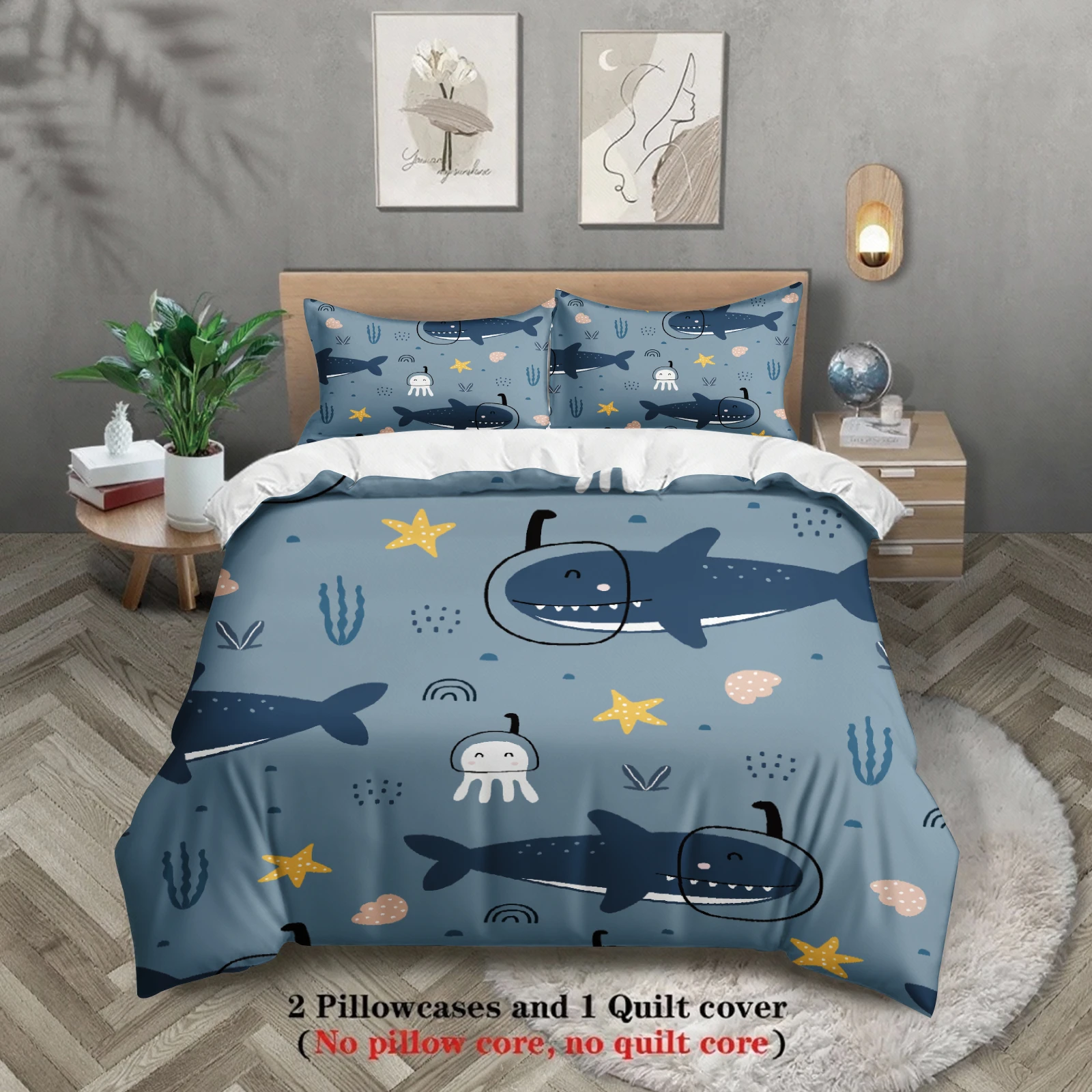 3pcs Ocean Animal Bedding Sets 3D Printed Whale Fish Coral Duvet Cover Sets With Pillowcases No Filling