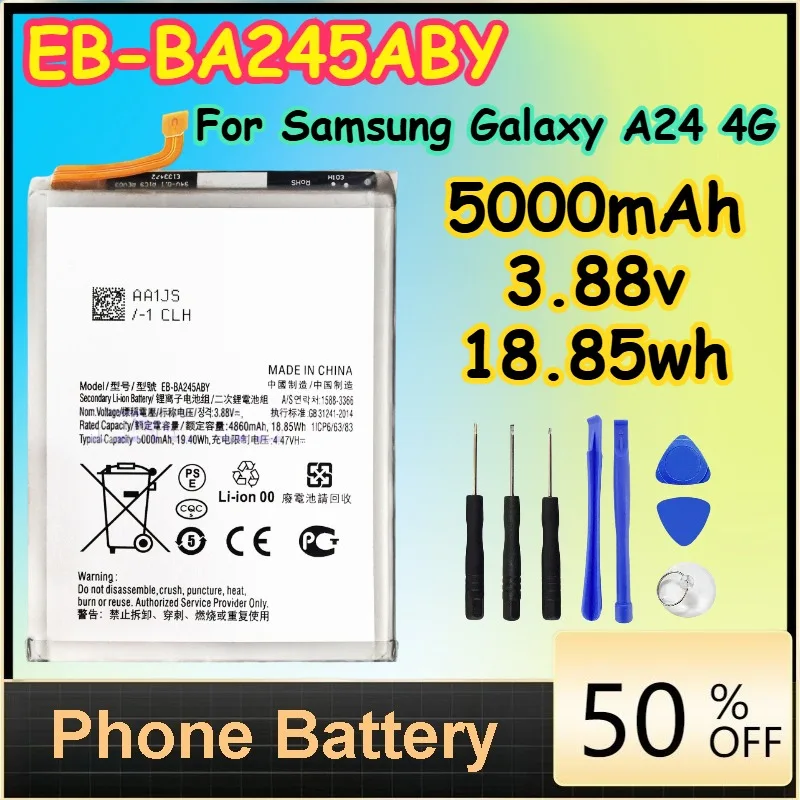 

EB-BA245ABY 5000mAh 3.88v 18.85wh Battery for Samsung Galaxy A24 4G Replacement Phone Batteries+Free Tools