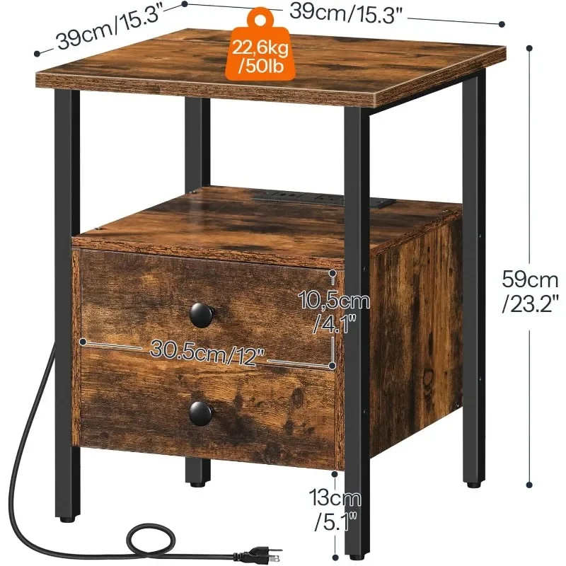 End Table with Charging, Nightstand with 2 Drawers and USB Port and Power Outlet, Small Space Nightstand, Stable and Sturdy