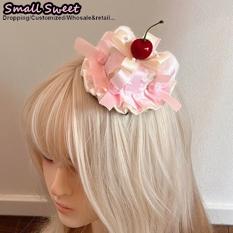 Women Sweet Lolita Cherry Bow Lace Hair Clip Mini Hat Elegant Headdress Birthday Hat Ladies Lolita Girl Cream Cake Hairpins
