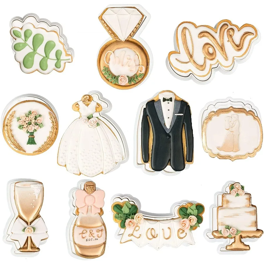 11-Piece Love-Themed Cookie Cutters Set with 3D Stamper for Wedding, Baking & Kids – PLA Embossing Stamps, Ring & Dress Shapes