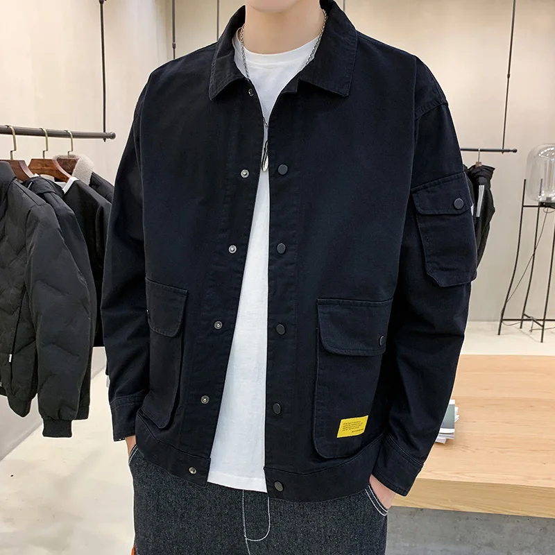 Men's Spring Autumn Style Fashionable Workwear Collar Jacket Pure Color Slim Fit Korean Version Casual Coat Youth Trendy