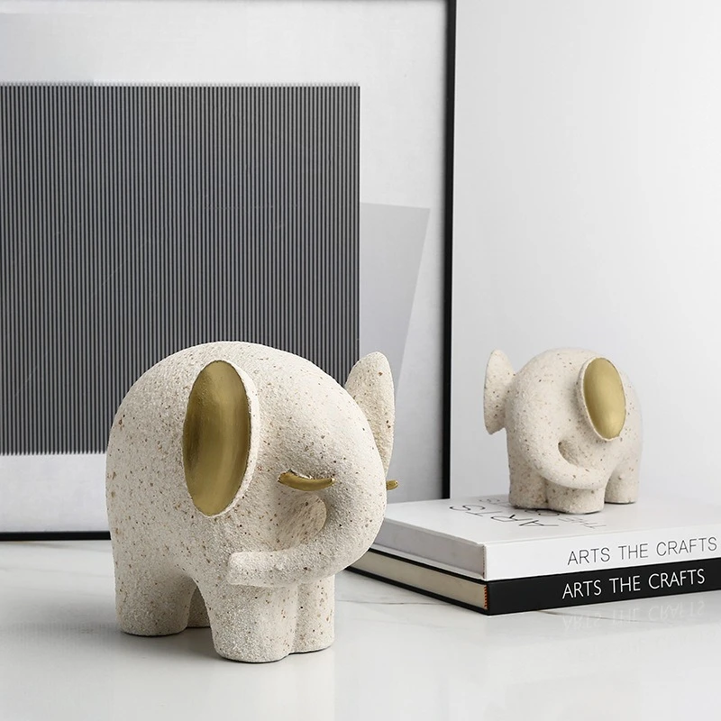 Nordic Minimalist Sandstone Abstract Golden Ear Elephant Statue, Resin Sculpture for Living Room TV Cabinet Kids Room Decor