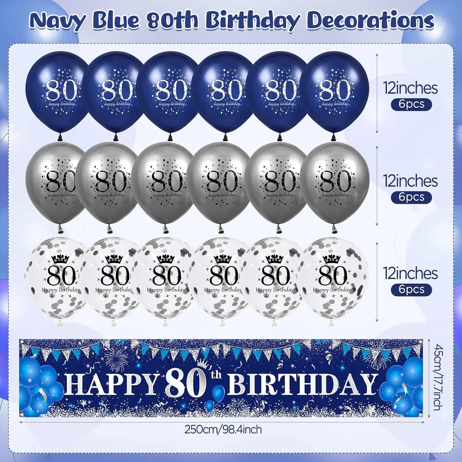 Blue 80th Birthday Decorations for Men and Women, Navy Blue Silver, Happy 80th Birthday, Yard Banner, Balloons