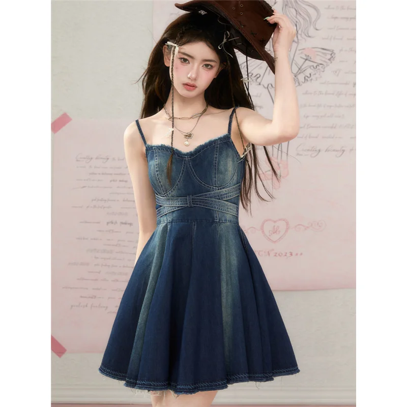 Women's Clothing Denim Sling Dress Spicy Girls Wear Waistband Long Skirt Wrapped Around Waist Show Hip Temperament Denim Dress