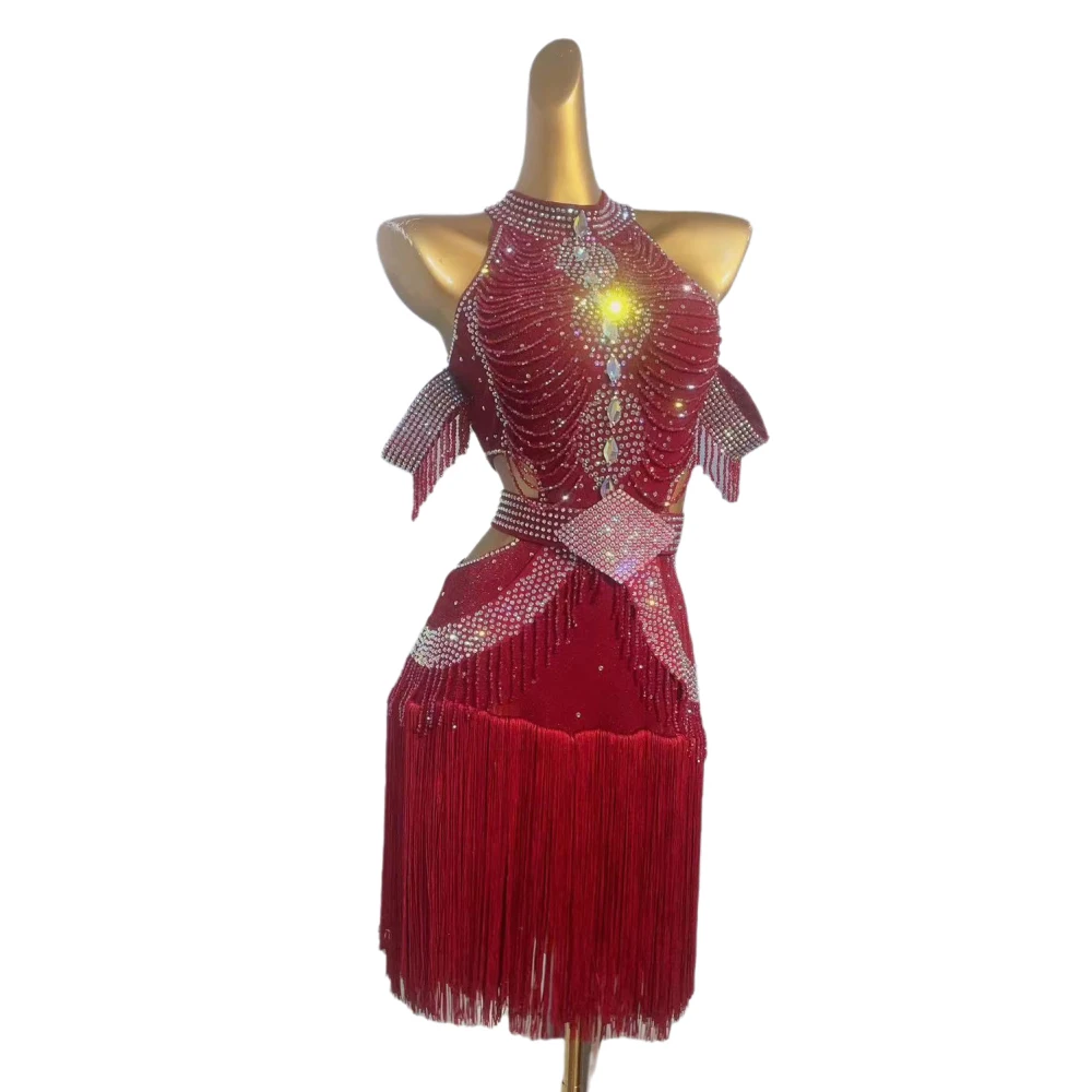 Latin Dance Dress High-End Custom Rood Crystal Kwastje Samba Art Diamant Dames Volwassen Podium Professionele Kleding