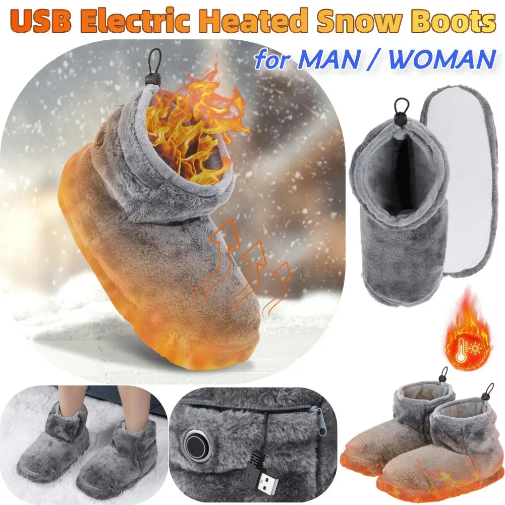 

USB Heater Foot Shoes Winter Warm Snow Boots Comfortable Plush Warm Electric Slippers Feet Heated Shoes for Men Women