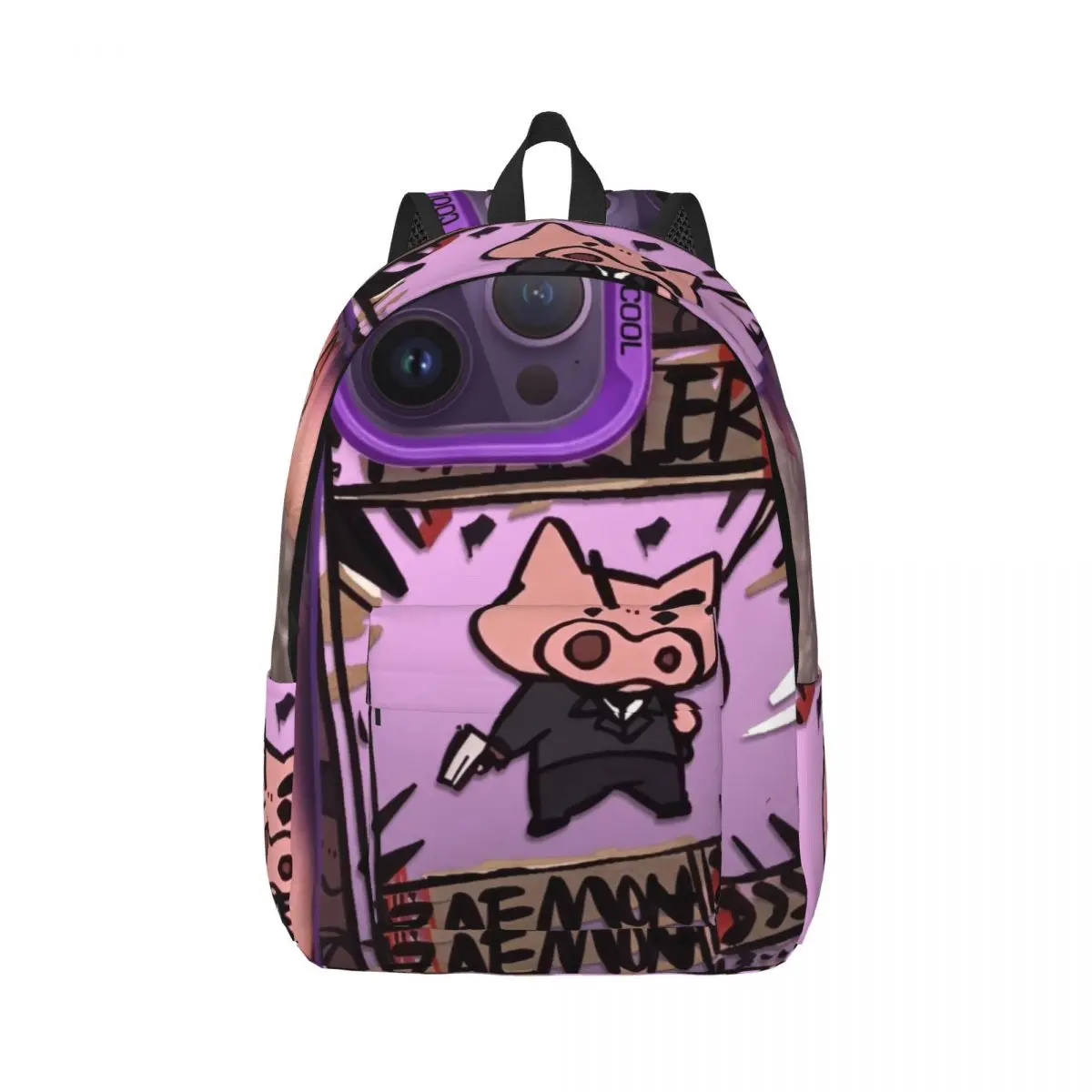 Pastel School Backpack Center Pig Suit Whimsical Illustration Deep Purple Pink Black White Fashion Daypack for College Travel