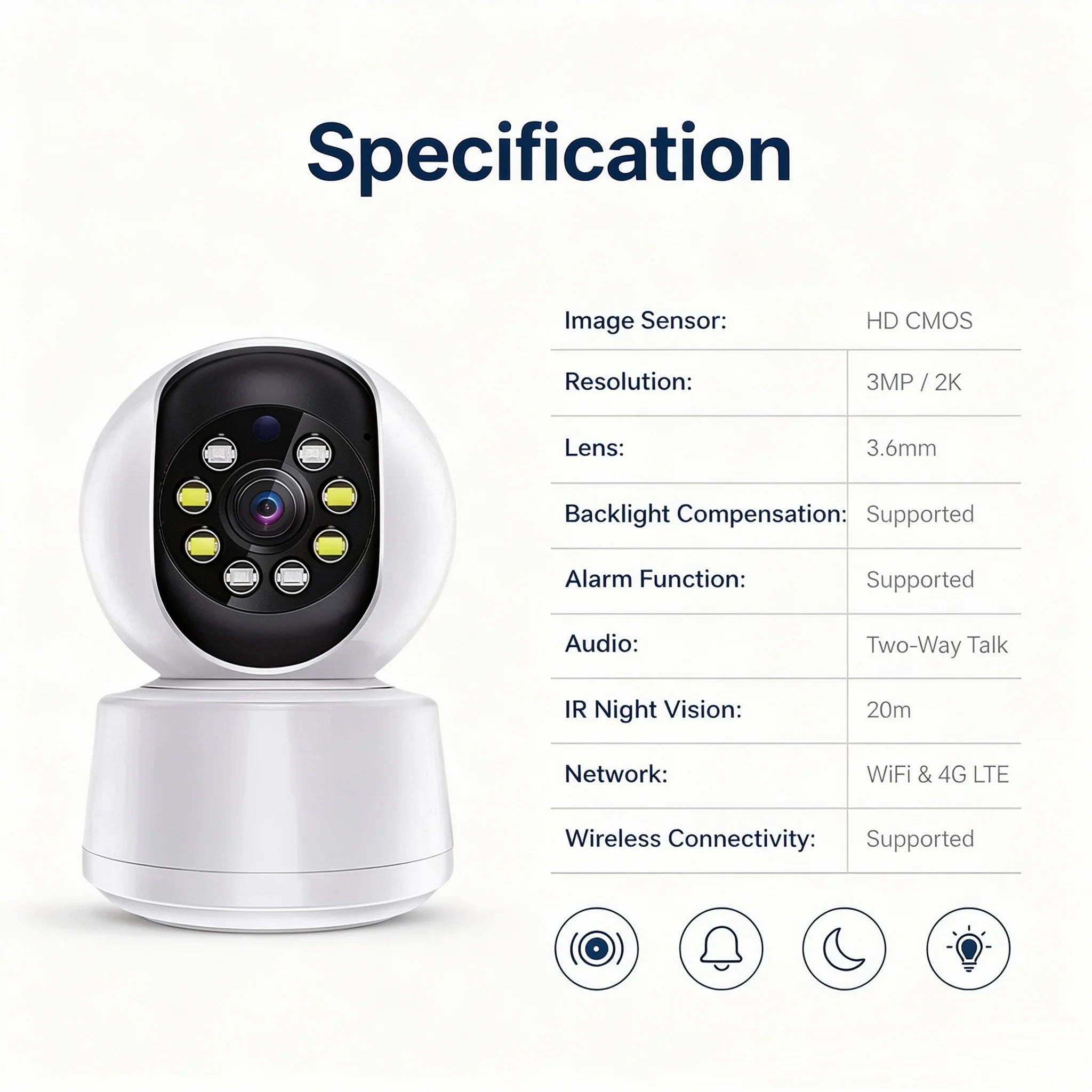 3MP 4K Indoor Security Camera Full Color Night Vision 20m IR Two-Way Audio Motion Alarm 3.6mm Lens Electronic Zoom 5V CCTV Cam