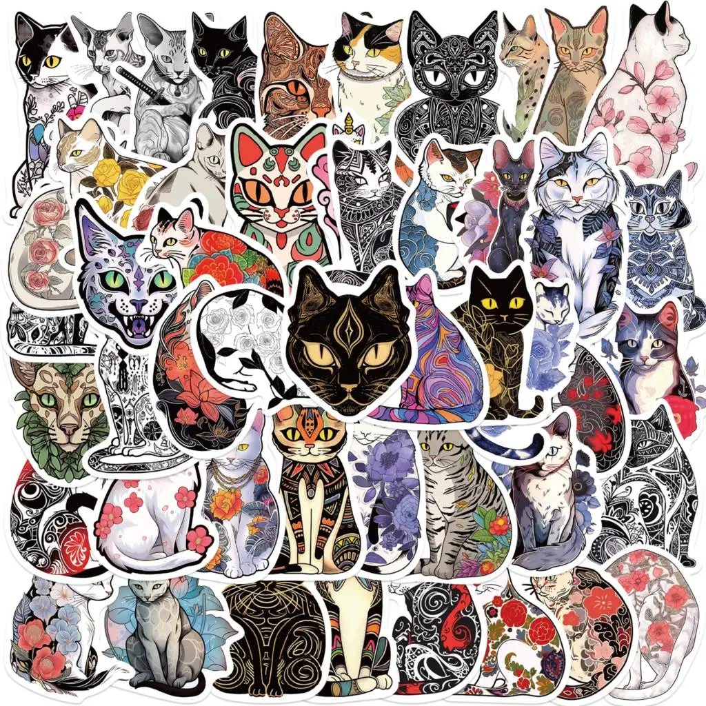 50PCS Cute Tattoo Cat Retro Stickers DIY Laptop Phone Decoration Suitcase Scrapbooking Laptop Phone Stationery Kid Stickers